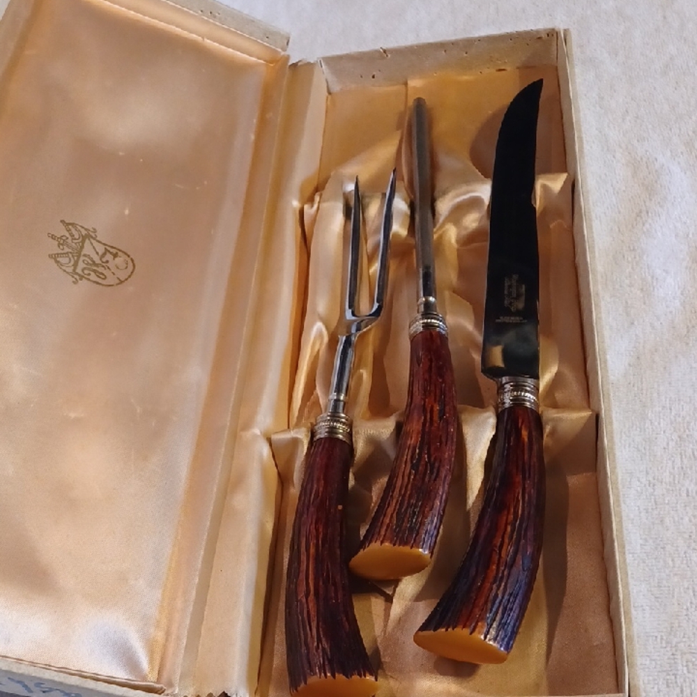 Washington Forge Carving Set With Knife Sharpener Vintage Fo Stag Handles